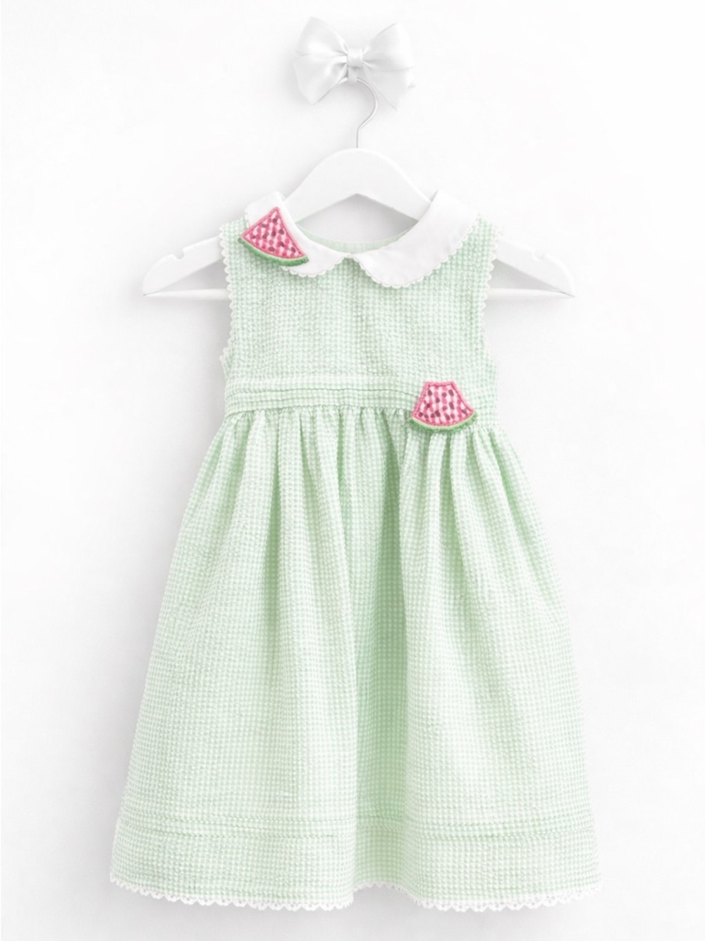 RARE Vintage Watermelon Seersucker Dress Peter Pan Collar Tie Back Boutique 3T